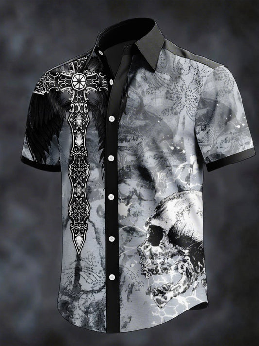 Men's Retro Horror Skull Print Lapel Short Sleeve Shirt