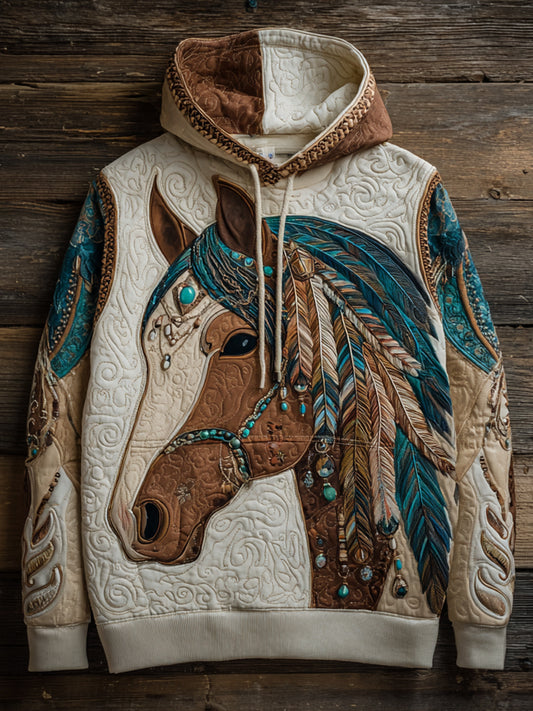 Retro Ethnic Style Patchwork Horse Print Art Casual Hoodie