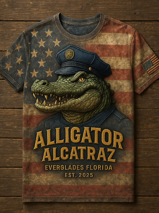 Vintage Alligator Alcatraz Fun Florida Everglades Art Print Casual Short Sleeve T-Shirt