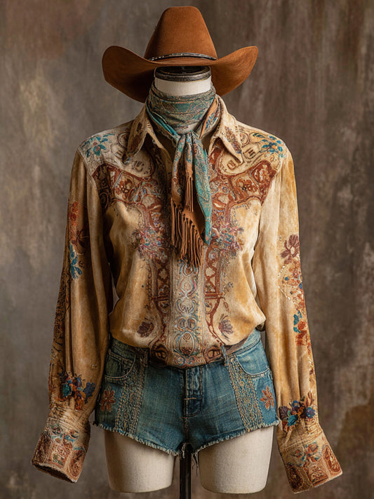Vintage Western Art Illustration Print Casual Shirt
