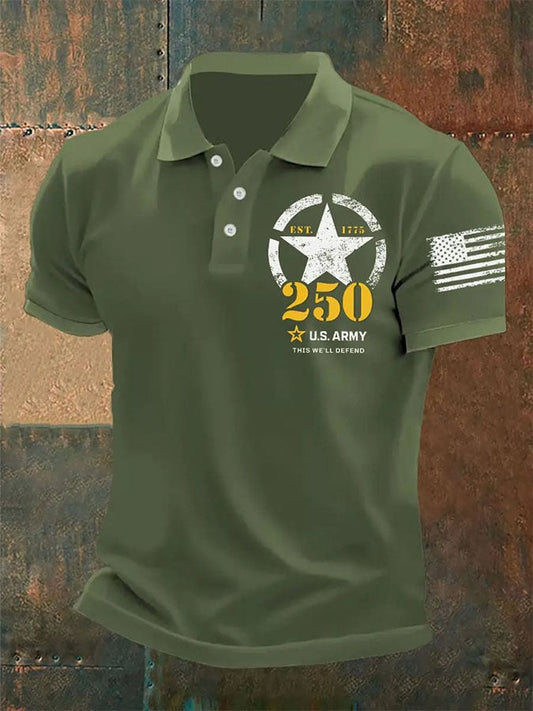 Man's Vintage National Flag U.S. Army 250th Anniversary This We'll Defend Est.1775 Printed Polo Shirt