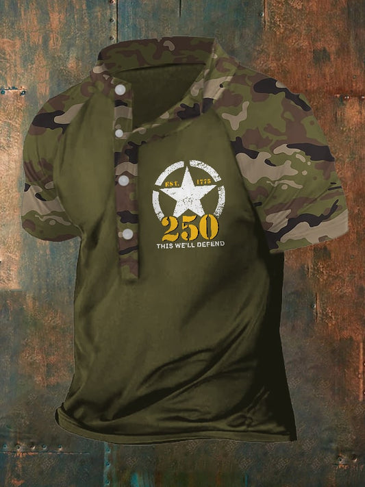 Man's Vintage Independence Day Camouflage United States Army 250th Anniversary This We'll Defend Est.1775 Printed Henley Shirt