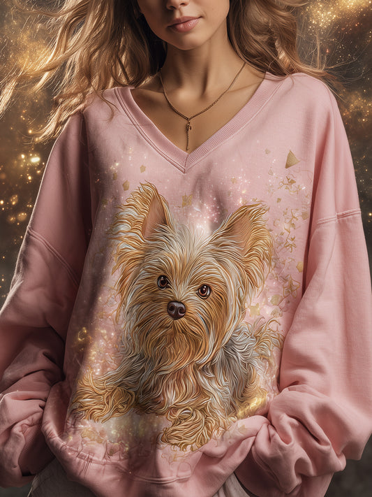 Pink Funny Dog Art Print Casual V-Neck Sweatshirt