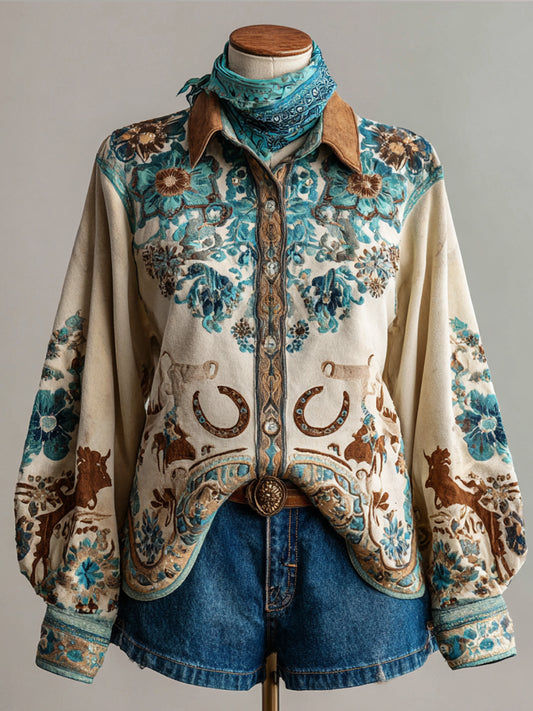 Vintage Western Art Illustration Print Casual Shirt