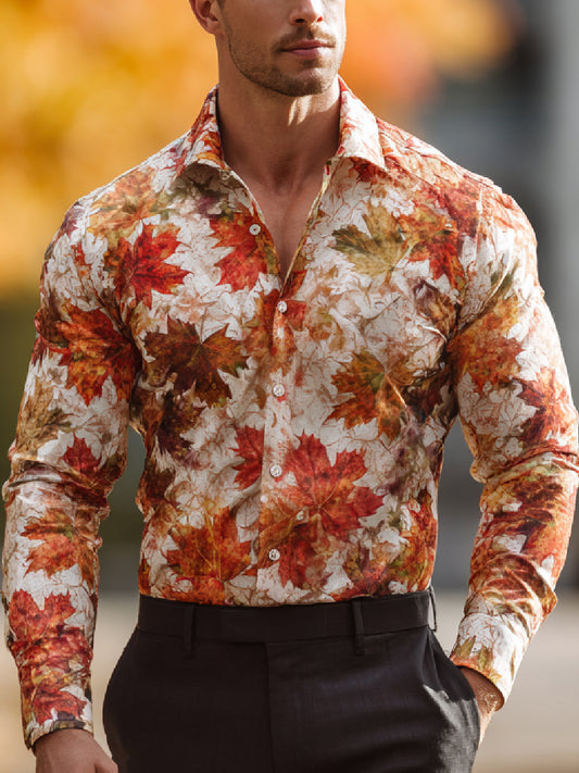 Autumn Maple Leaf Art Print Casual Long Sleeve Button-Down Shirt