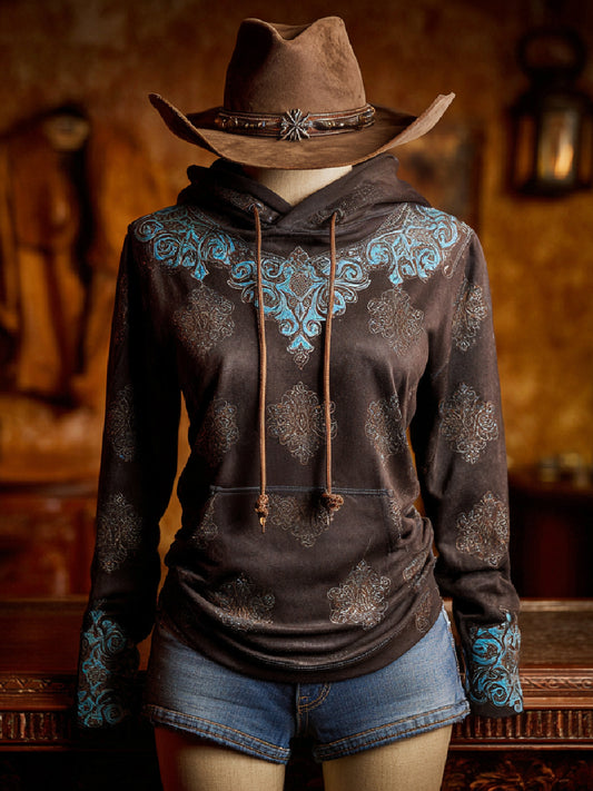 Vintage Western Art Print Casual Long Sleeve Hoodie