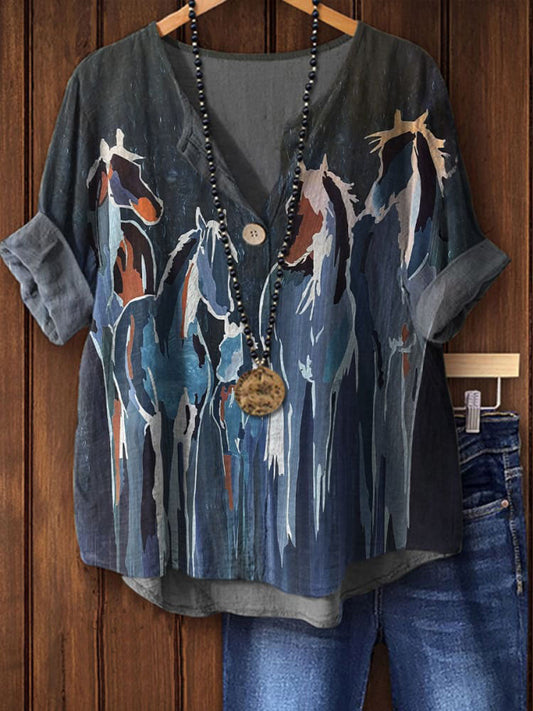 Women's Retro Horse Art Print Casual Cotton Linen Shirt
