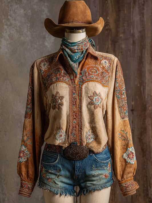 Vintage Western Art Illustration Print Casual Shirt