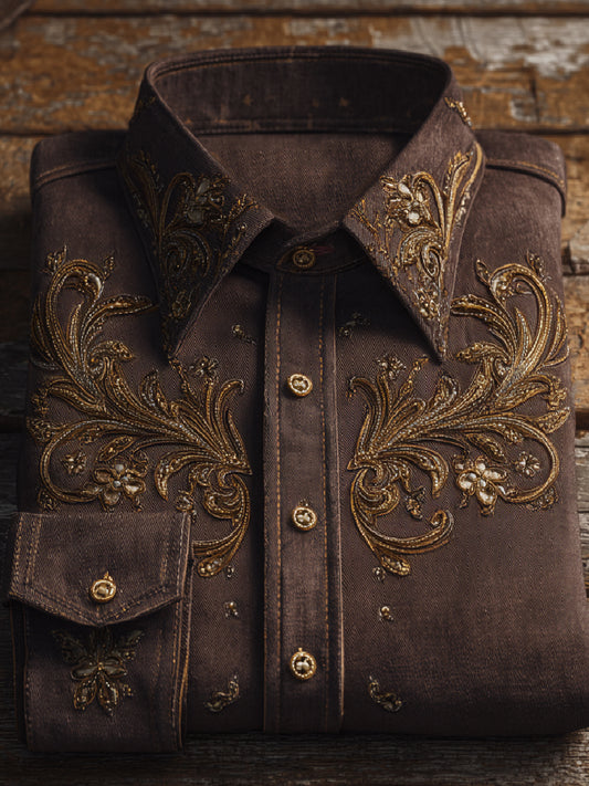 Western Retro Art Print Casual Long Sleeve Shirt