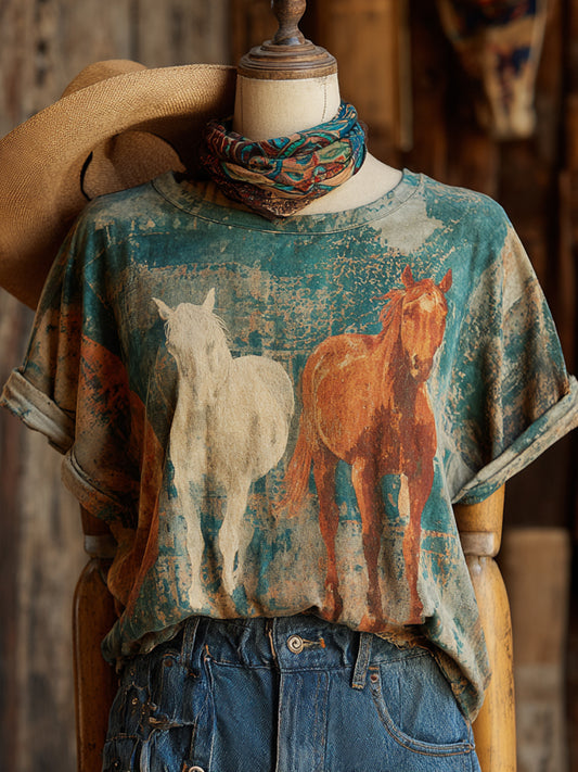 Retro Western Art Horse Print Casual Short Sleeve T-Shirt