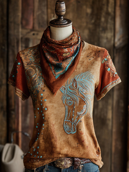 Retro Western Art Horse Floral Print Casual Short Sleeve T-Shirt