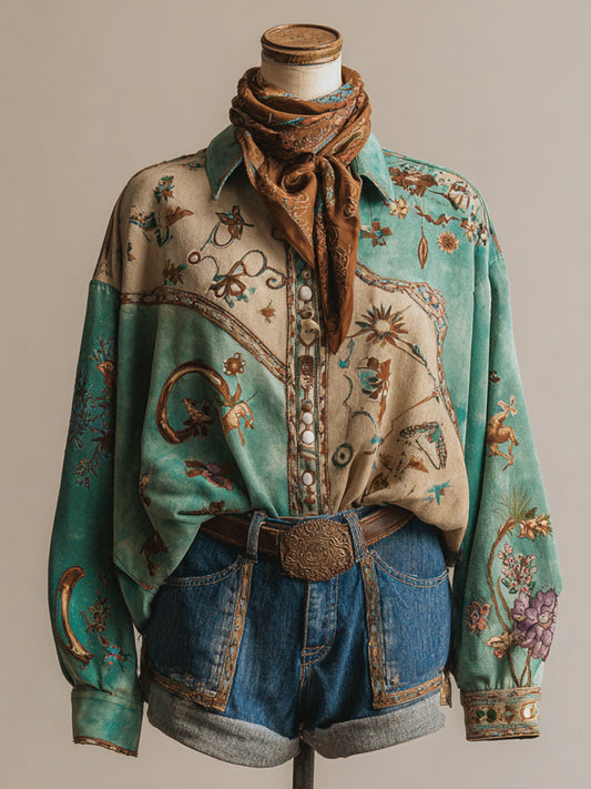 Vintage Western Art Illustration Print Casual Shirt