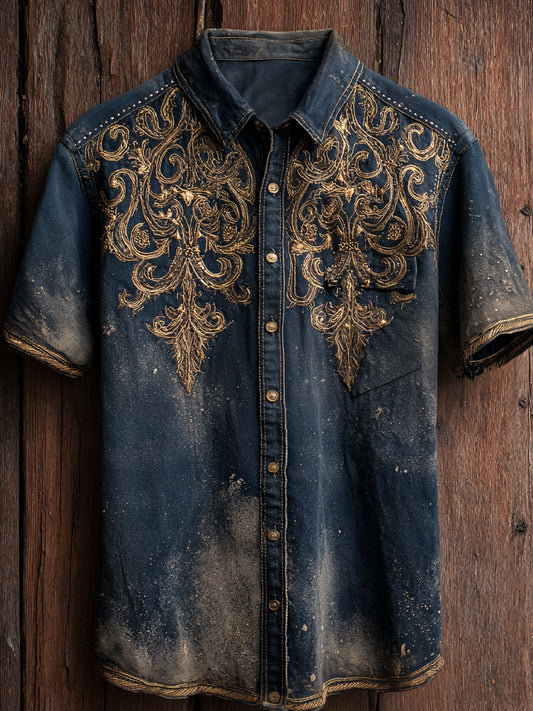 Retro Western Art Cowboy Print Casual Short Sleeve Shirt