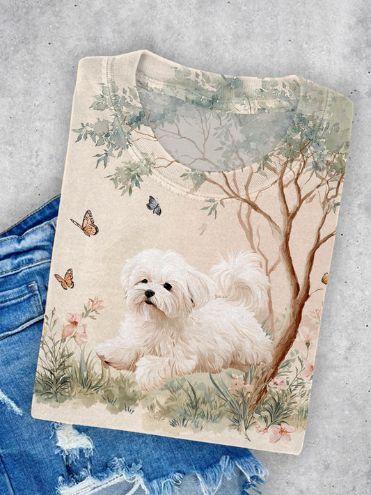 Ctue Dog Art Illustration Print Casual Short Sleeve T-Shirt
