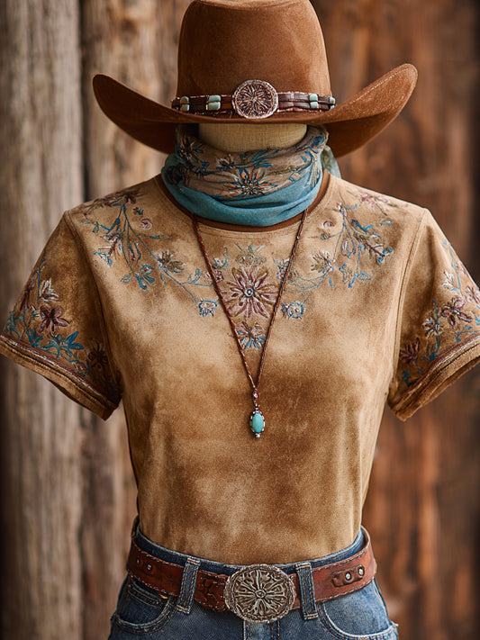 Retro Western Style Floral Print Casual Short Sleeve T-Shirt