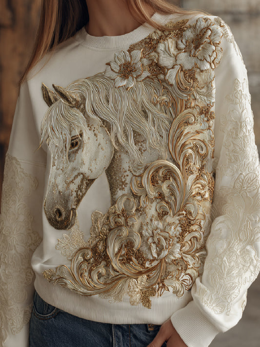 Vintage Horse Floral Art Print Casual Crewneck Sweatshirt