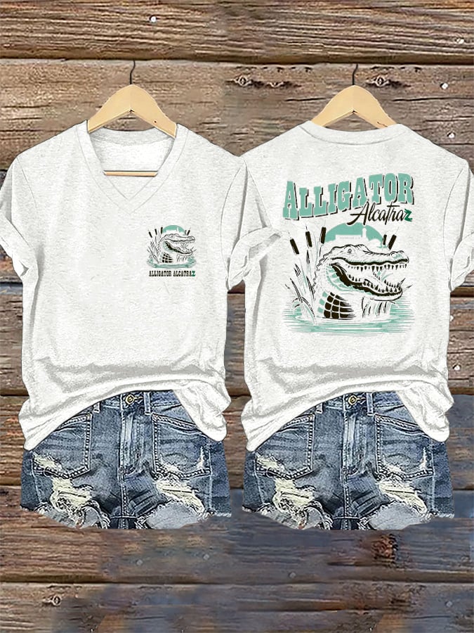 Women's Casual Retro Alligator Alcatraz Print T-Shirt