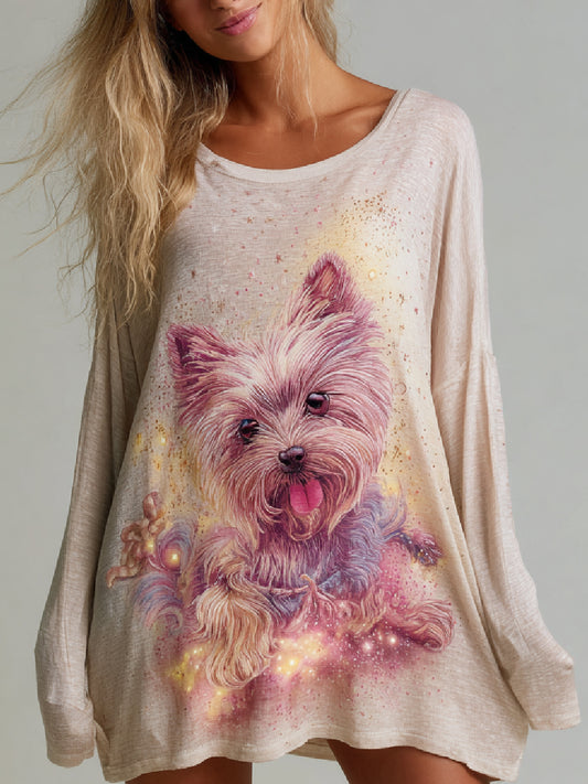 Funny Dog Art Print Long Sleeve Crewneck Top