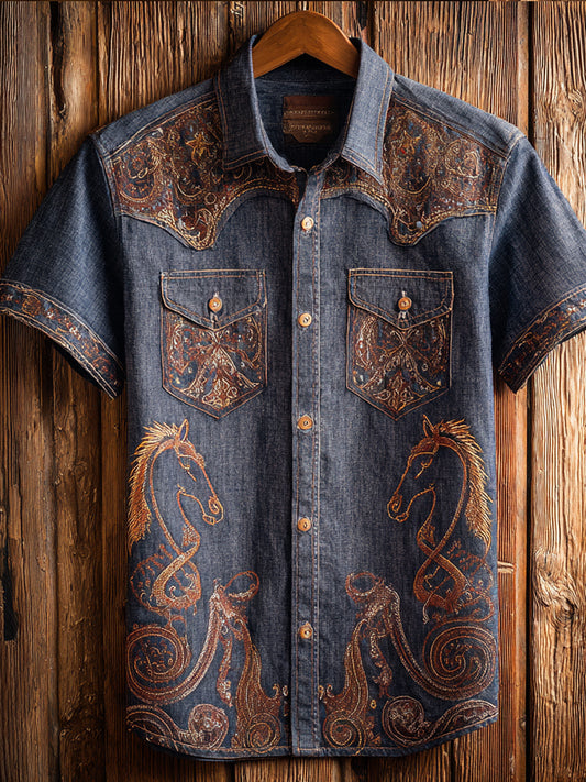 Vintage Western Art Floral Print Casual Shirt