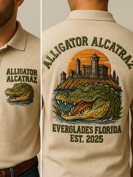 Retro Alligator Alcatraz Funny Florida Everglades Art Casual Polo Shirt