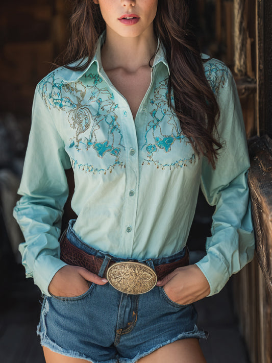 Western Retro Art Print Casual Long Sleeve Shirt