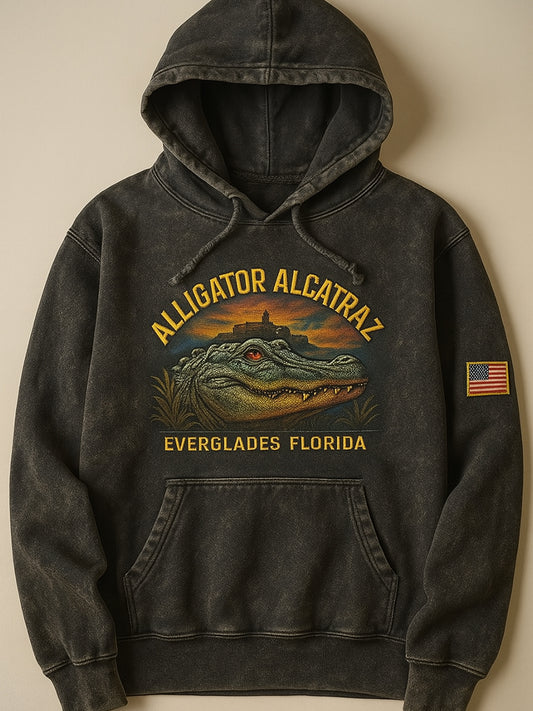 Vintage Alligator Alcatraz Fun Florida Everglades Art Print Casual Hoodie
