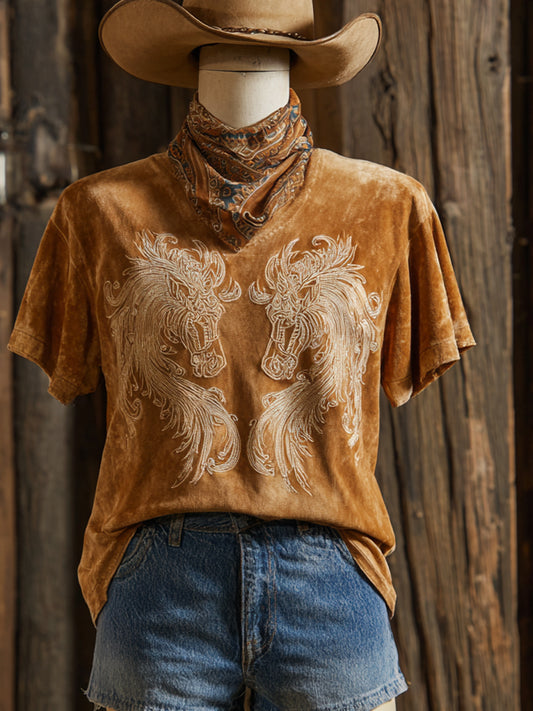 Retro Western Art Illustration Horse Print Casual Short Sleeve T-Shirt