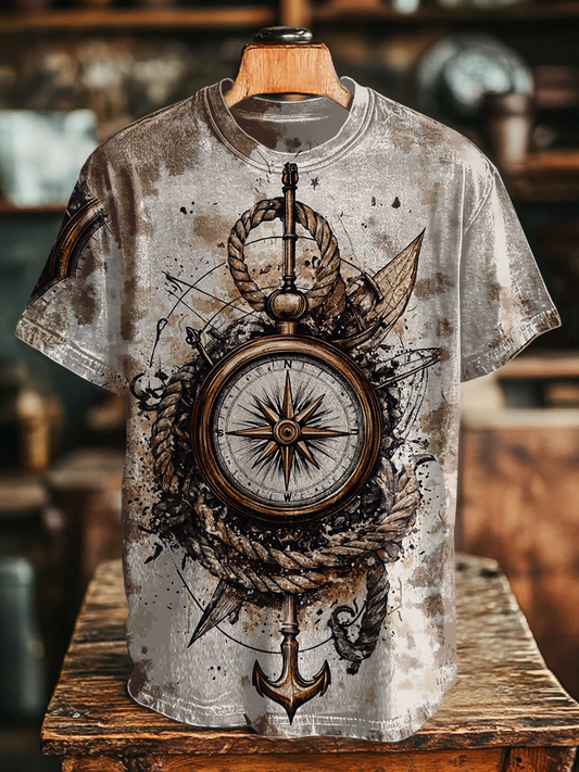 Unisex Retro Nautical Compass Printed Casual Loose Short Sleeve T-Shirt