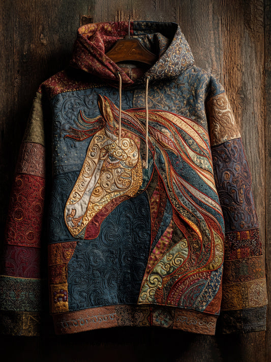 Vintage Patchwork Horse Print Art Casual Hoodie