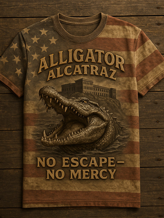 Vintage Alligator Alcatraz Fun Florida Everglades Art Print Casual Short Sleeve T-Shirt