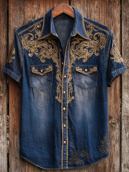 Retro Western Art Cowboy Print Casual Short Sleeve Shirt