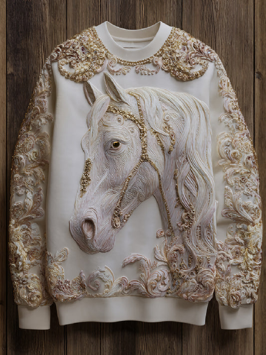 Vintage Horse Floral Art Print Casual Crewneck Sweatshirt