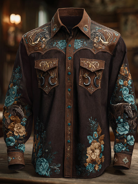 Western Retro Art Print Casual Long Sleeve Shirt