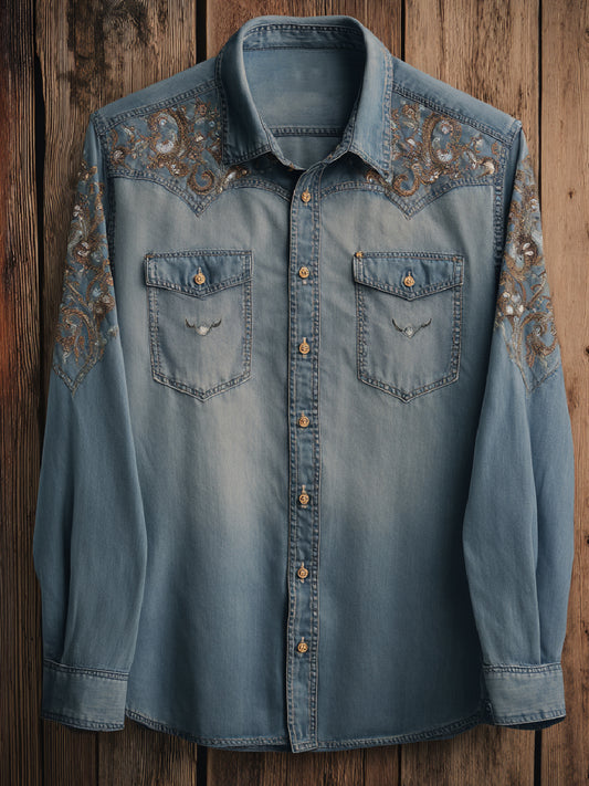 Retro Western Cowboy Art Print Casual Long Sleeve Shirt