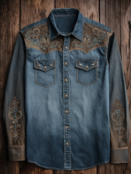 Retro Western Cowboy Art Print Casual Long Sleeve Shirt