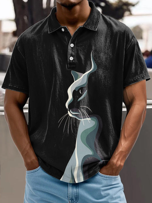Art Profile Cat Vintage Print Casual Cotton Polo