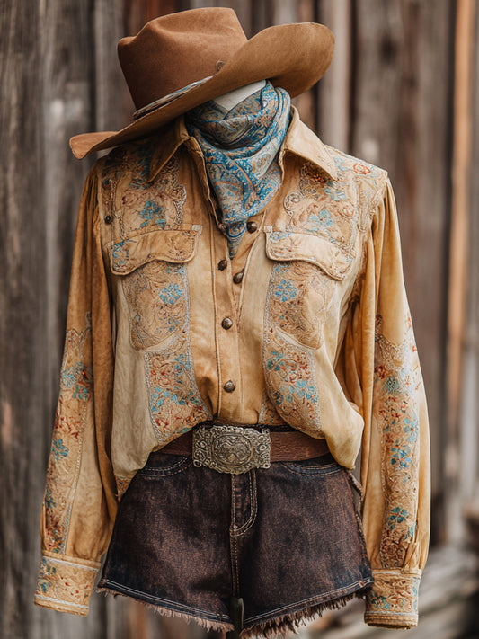 Vintage Western Art Floral Print Casual Shirt