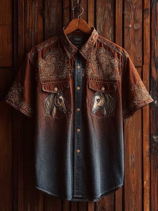Vintage Western Art Floral Print Casual Shirt