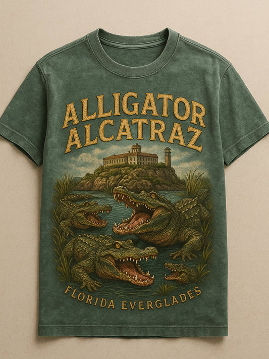 Vintage Alligator Alcatraz Fun Florida Everglades Art Print Casual Short Sleeve T-Shirt