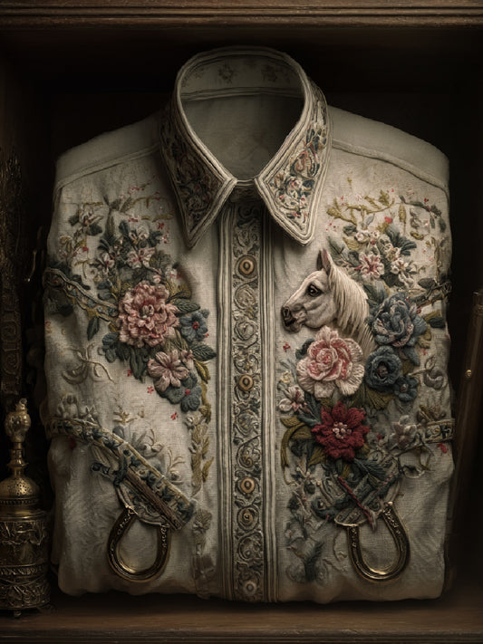 Vintage Horse Art Print Casual Long Sleeve Button-Down Shirt