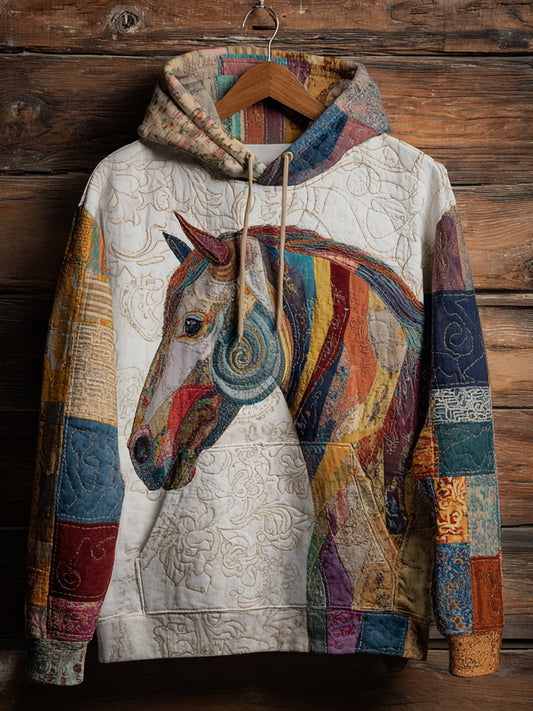 Vintage Patchwork Horse Print Art Casual Hoodie