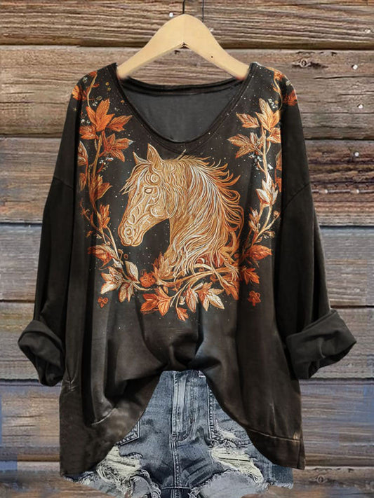 Vintage Fall Horse Print Casual V-neck Long-sleeved T-shirt