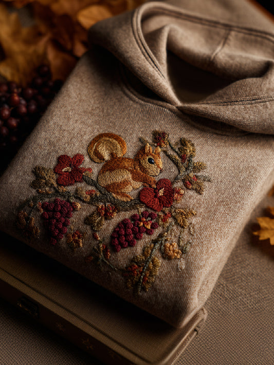 Maple Leaf Squirrel Art Print Casual Hooded Knit Sweater
