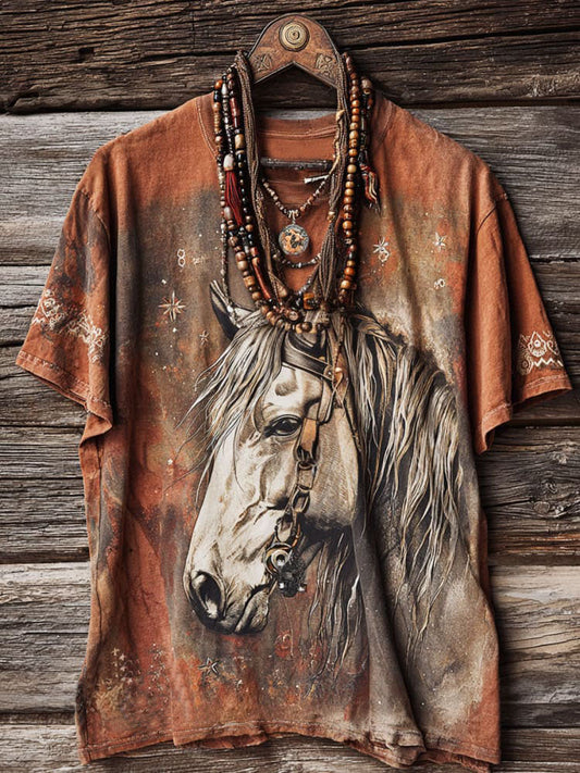 Vintage Horse Print Casual T-shirt