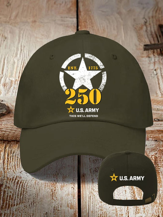 Retro U.S. Army 250th Anniversary This We'll Defend Est.1775 Print Baseball Cap