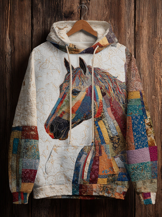 Vintage Patchwork Horse Print Art Casual Hoodie