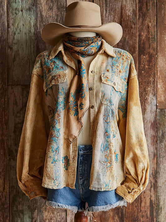 Vintage Western Art Floral Print Casual Shirt