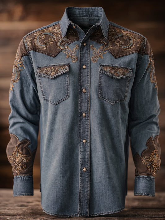 Retro Western Cowboy Art Print Casual Long Sleeve Shirt