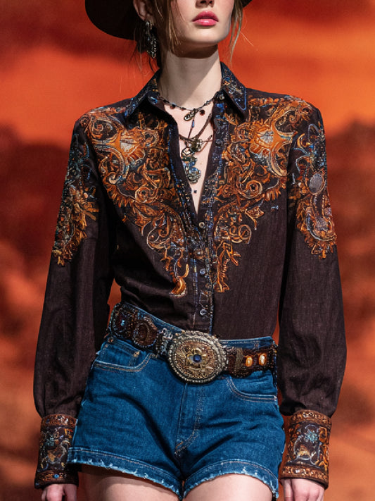 Western Retro Art Print Casual Long Sleeve Shirt