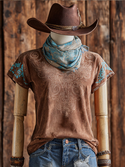 Retro Western Style Floral Print Casual Short Sleeve T-Shirt
